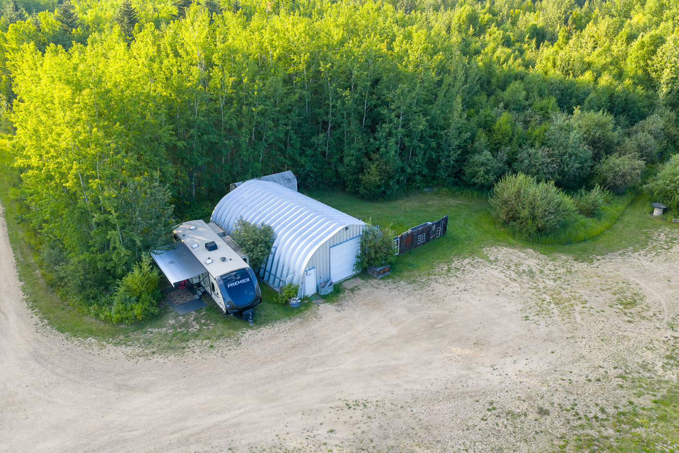 Trailers and the quonset on the gravel pad, seen from above